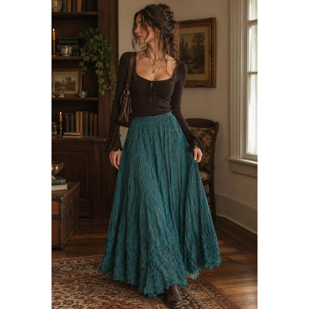 Vintage Worthington Maxi Skirt 10P Teal Iridescent Silk Crinkle Maxi Fairycore